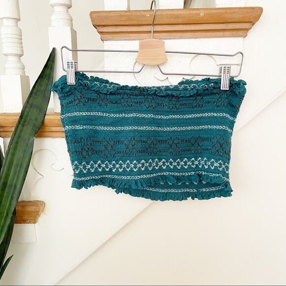 Urban Outfitters teal smocked embroidered tube top Sz L - Picture 2 of 5